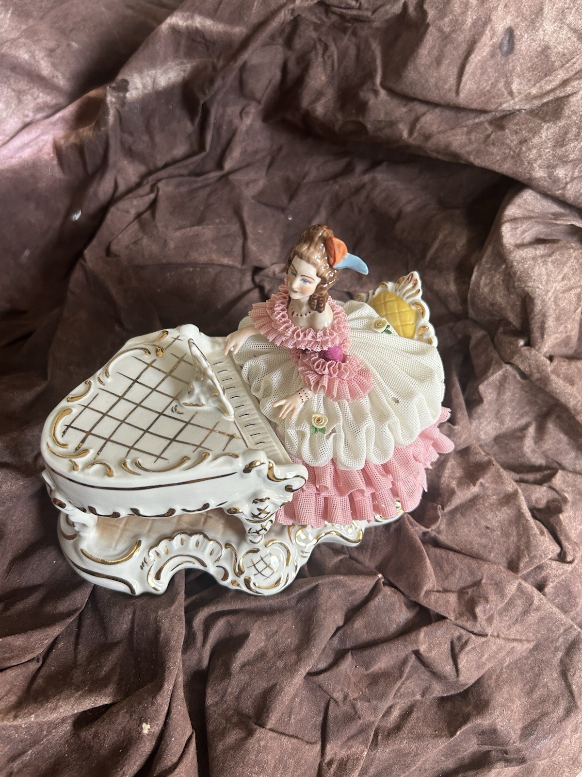 German Porcelain Dresden Lady at Piano. Dipped Pink/White Dress Numbered piece.
