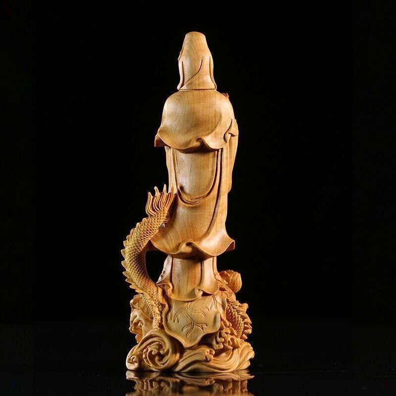 4.7″ Natural Boxwood Carving Dragon Avalokitesvara Bodhisattva Fengshui Ornament