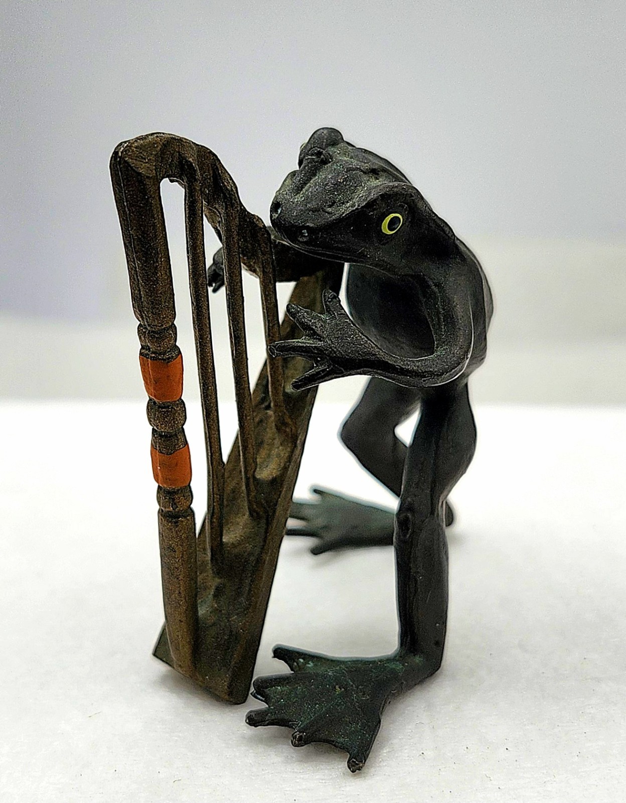 Antique Miniature Cold Painted Bronze Minstrel Frog Playing Harp