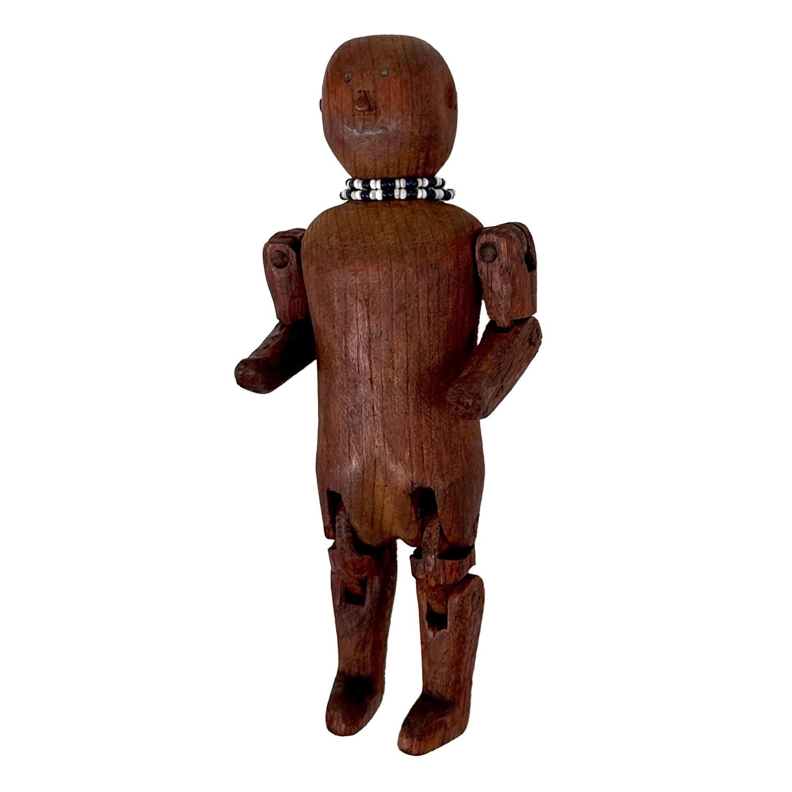 Vtg 50s Folk Art Carved Articulating Wood Doll Jointed Man w/ Beaded Necklace