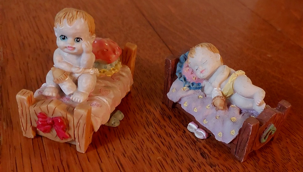 Resin Infant Toddler in Bed set of 2 Solid Figures Made in China