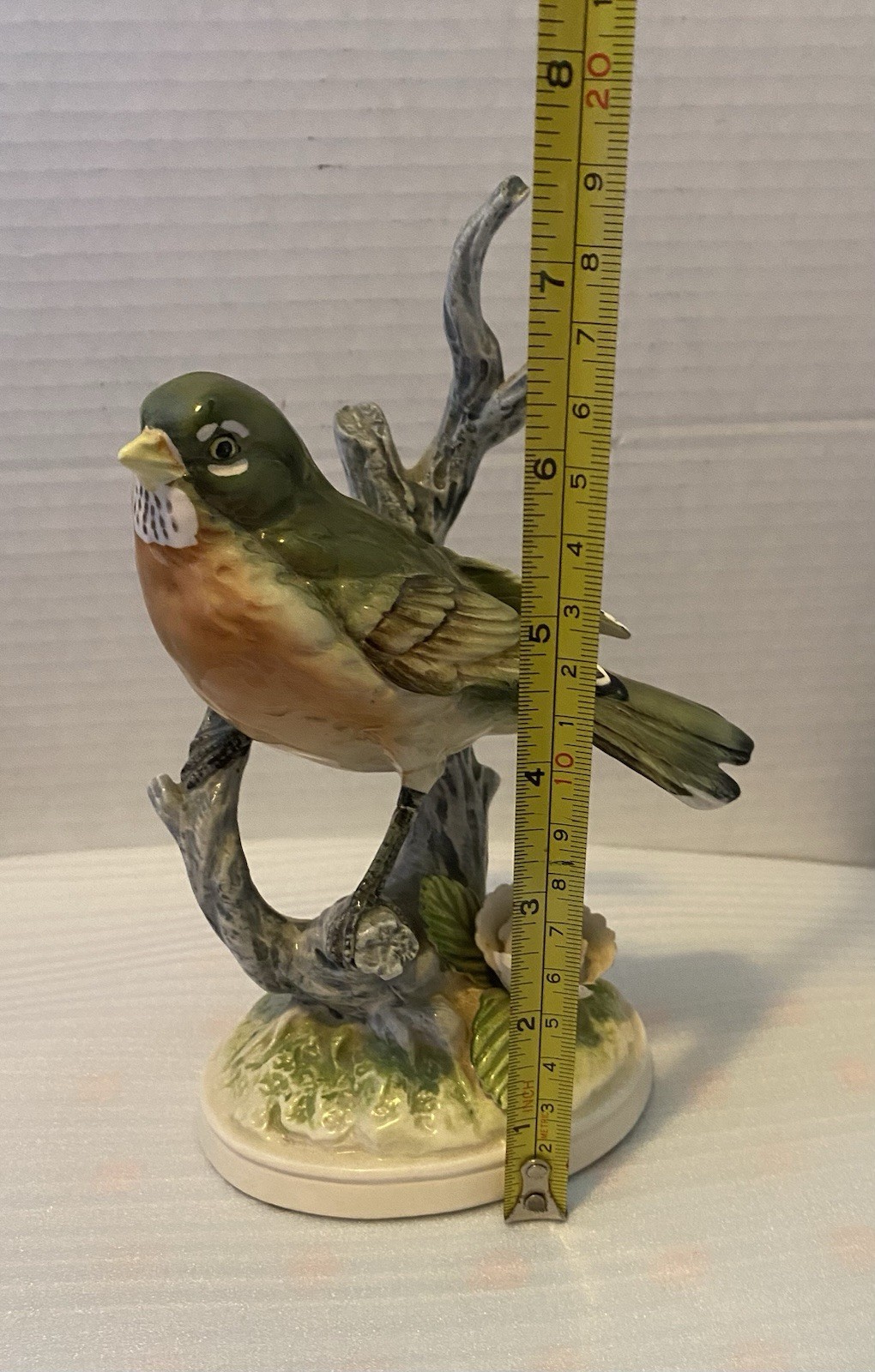 Unmarked Glazed Ceramic Robin On A Branch Figurine 7.5”