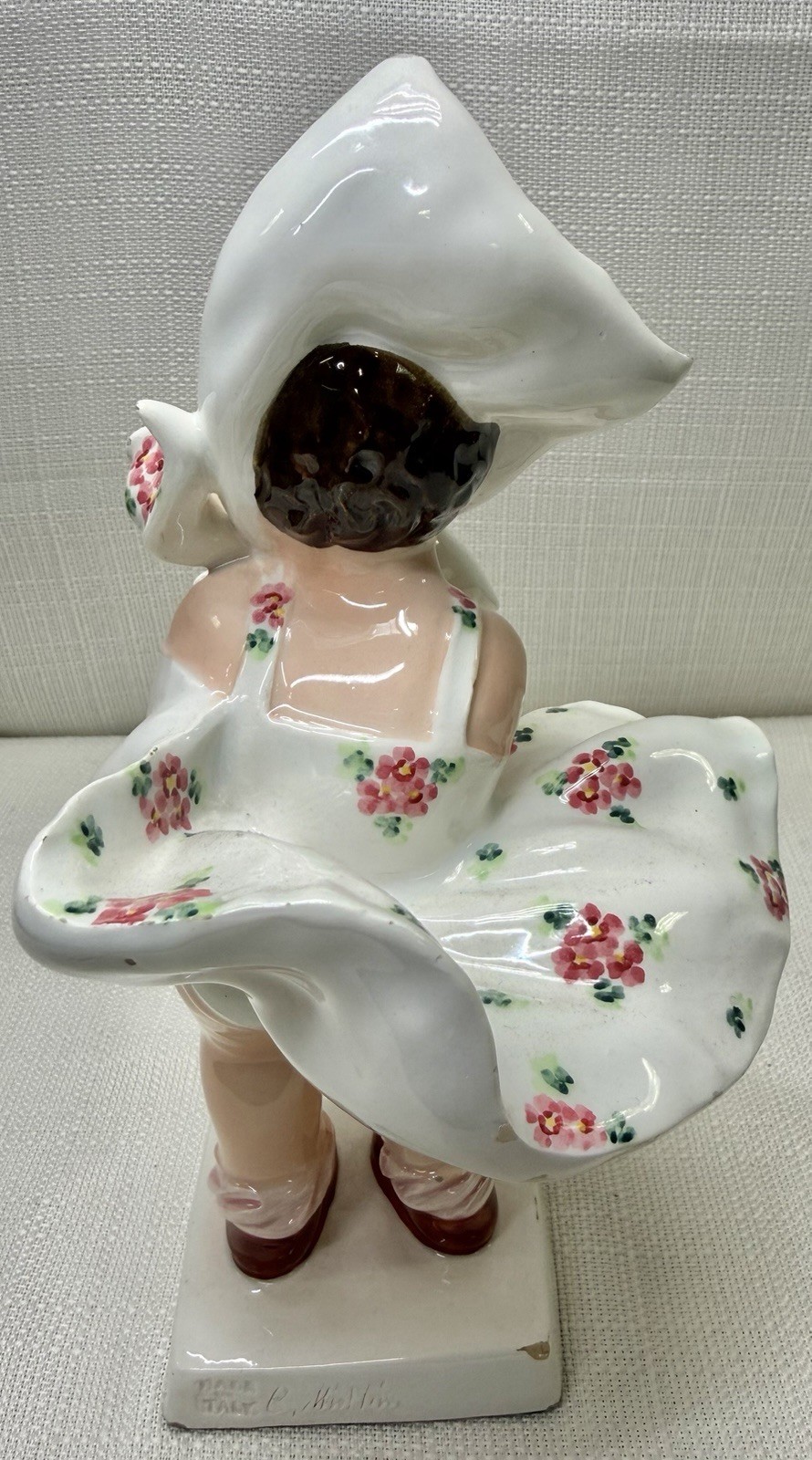 Vintage 1950s Signed C. Mollica Italian Glazed Ceramic Figurine of Girl and Dog