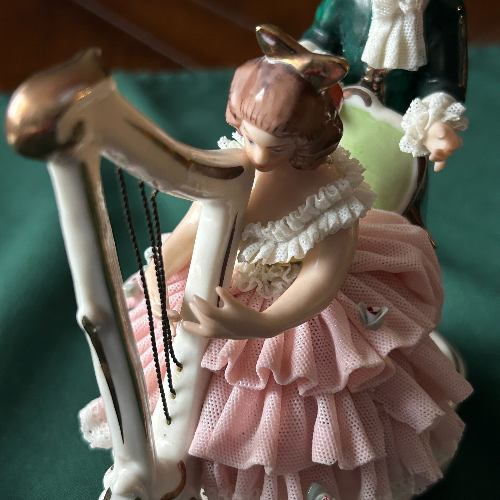 DRESDEN ART Germany, Porcelain LACY FIGURINE, Woman Playing Harp, 5″L, 5-1/2″H