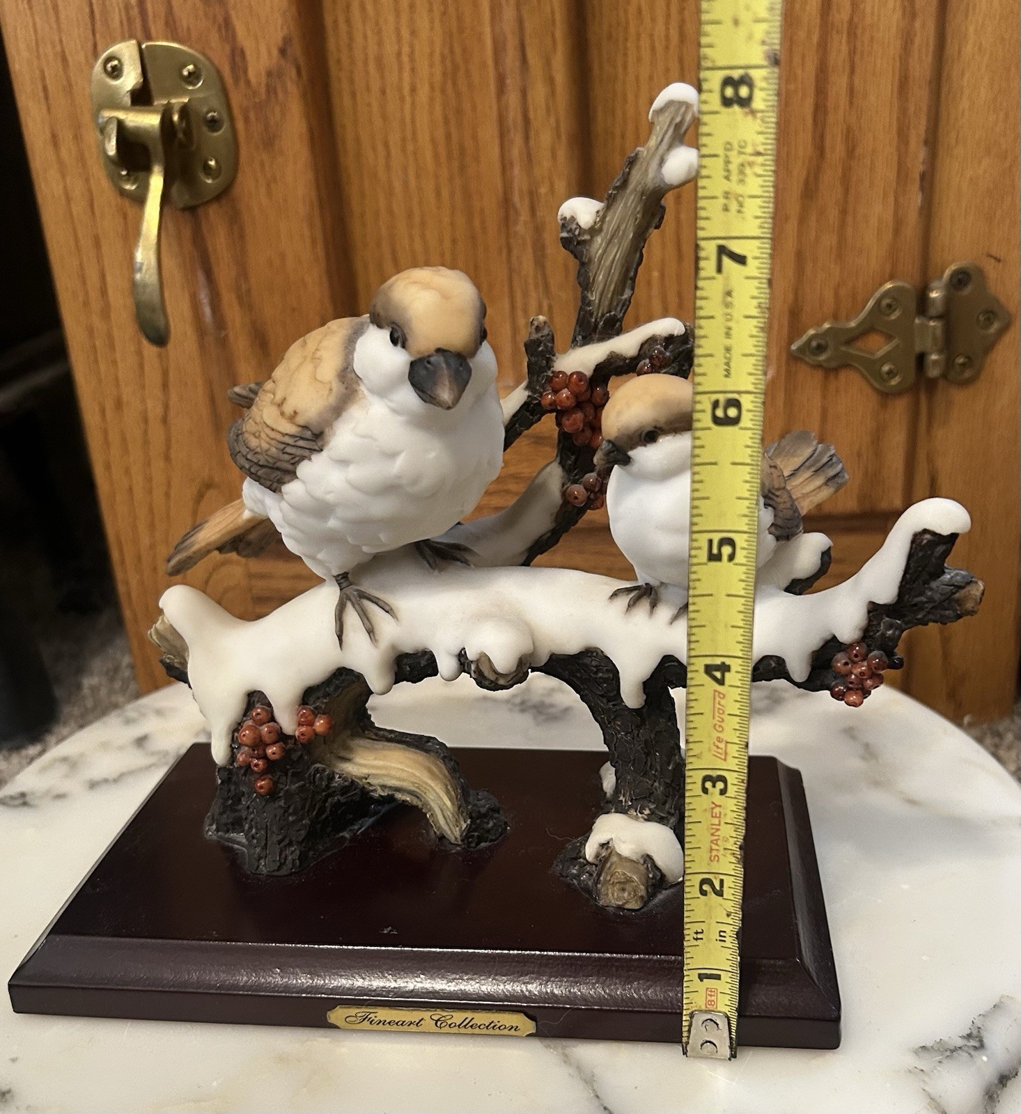 Vintage Fineart Collection Sculpture Snowy Winter Scene Mom And Baby Sparrows