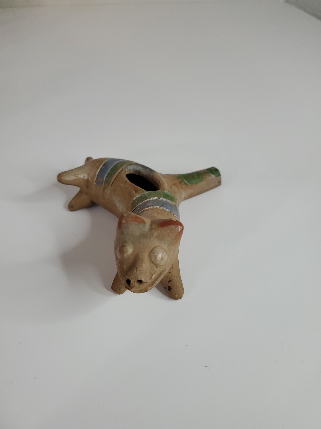 Pre Columbian Style Red & Brown Cat Hand painted Pottery Pipe