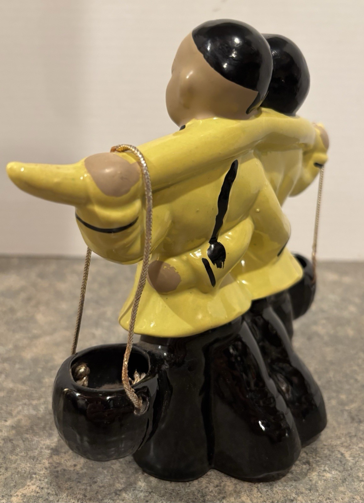 Vintage Oriental Ceramic Figurines Boy & Girl With Buckets 6 3/4” Tall