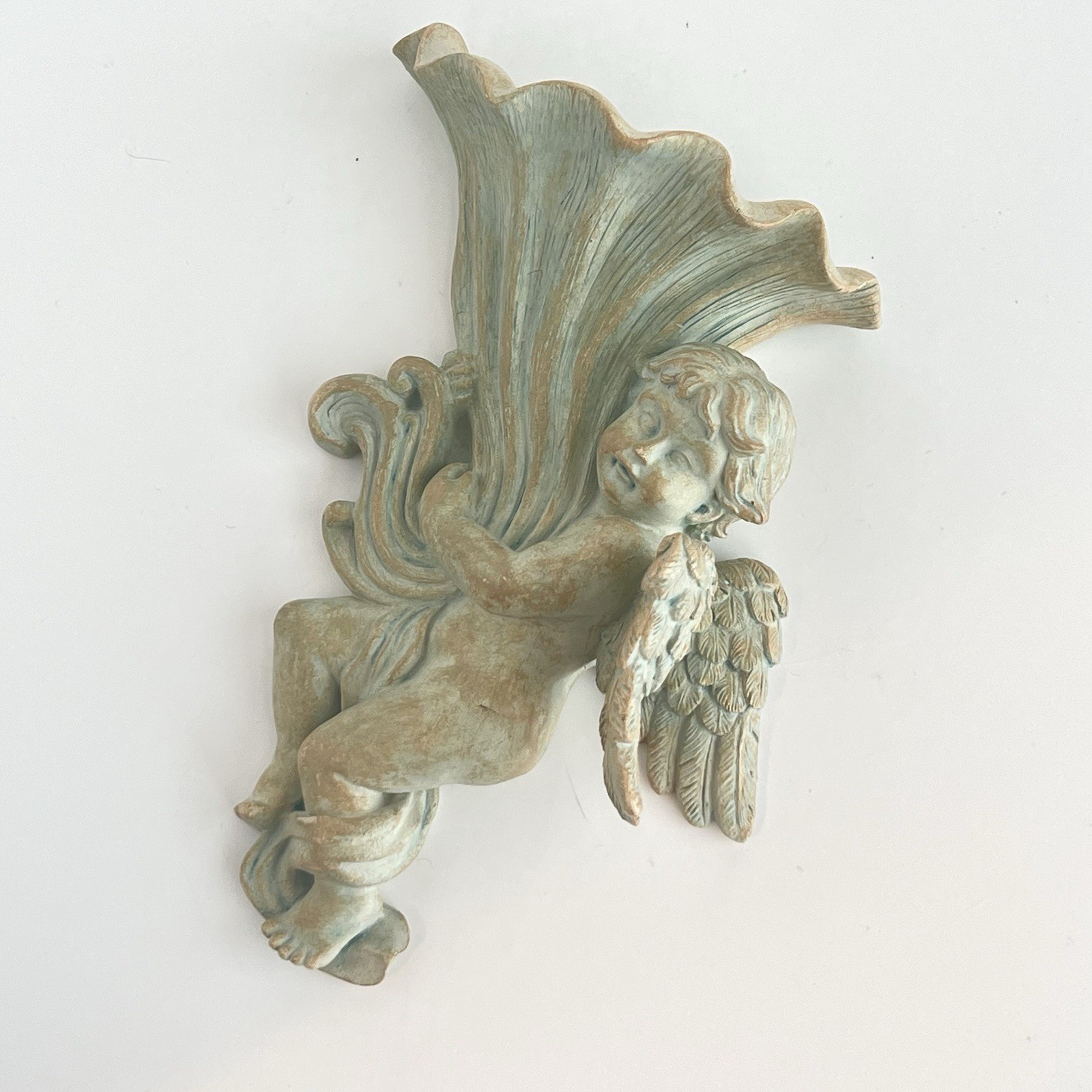 Vintage Resin Wall Pocket Cherub Angel Decor Wang’s International 7×4 Green