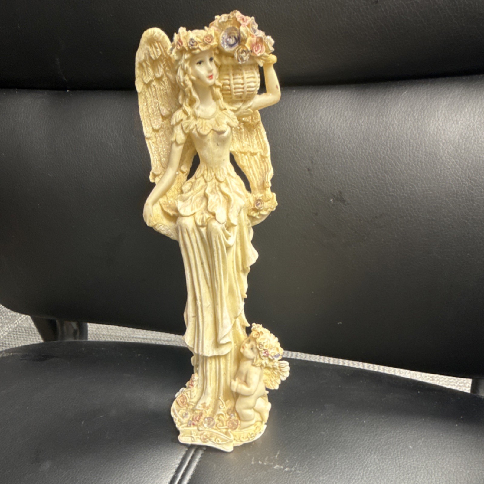 SYMAR Angel Figurine Cherub Flower Basket Beige Multicolor Resin Painted