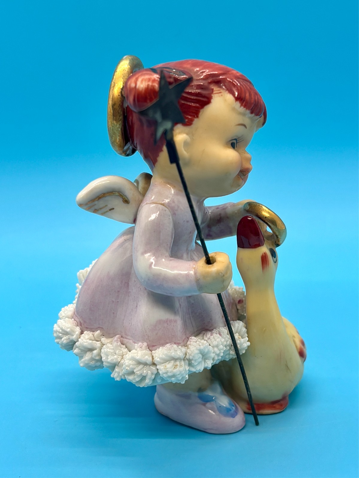 Vtg Ardalt Red Hair Angel Gold Halo Holding Star Staff w/ Duck – EUC