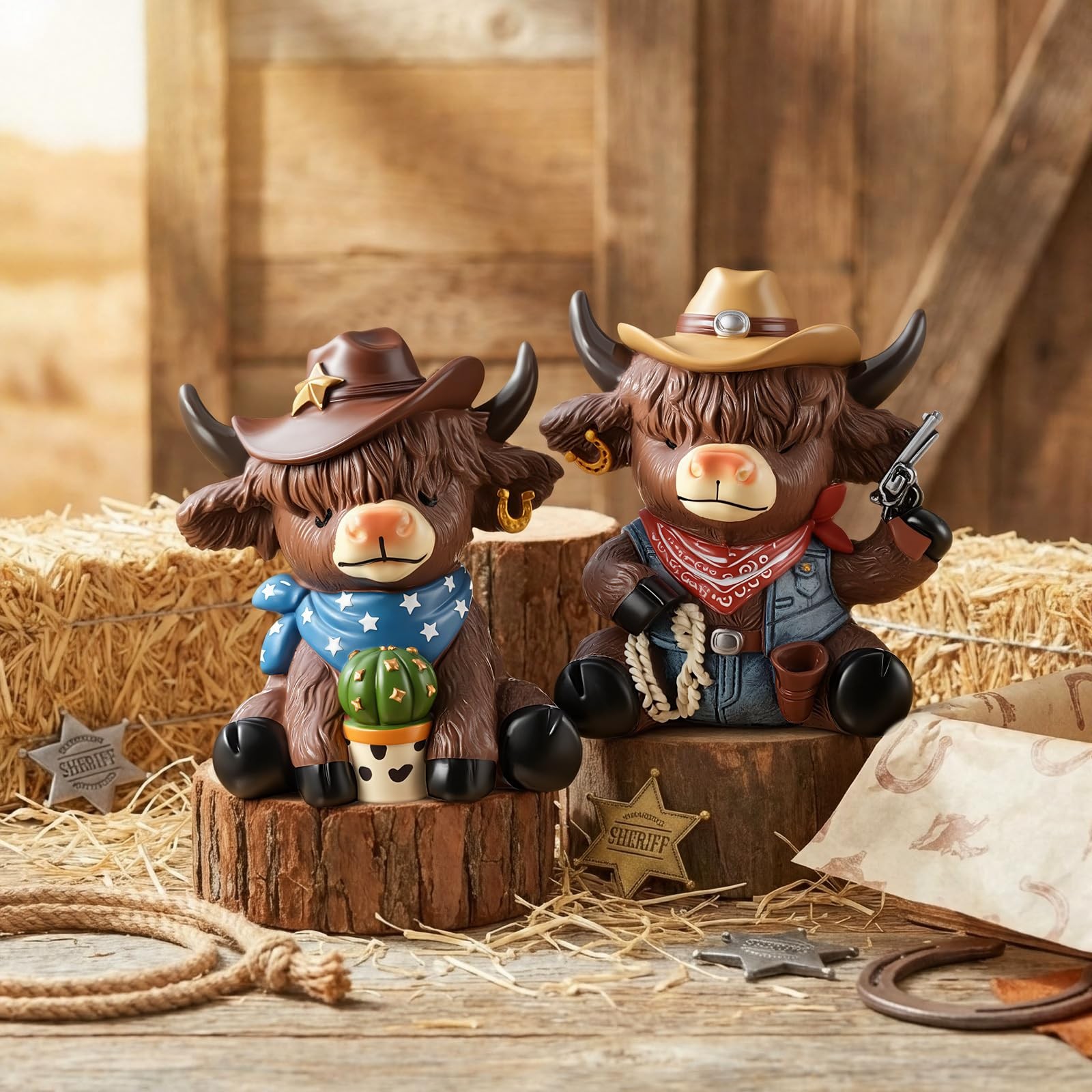 2 Pcs Cowboy Highland Cow Figurines, Western Resin Statue Set for Country and…