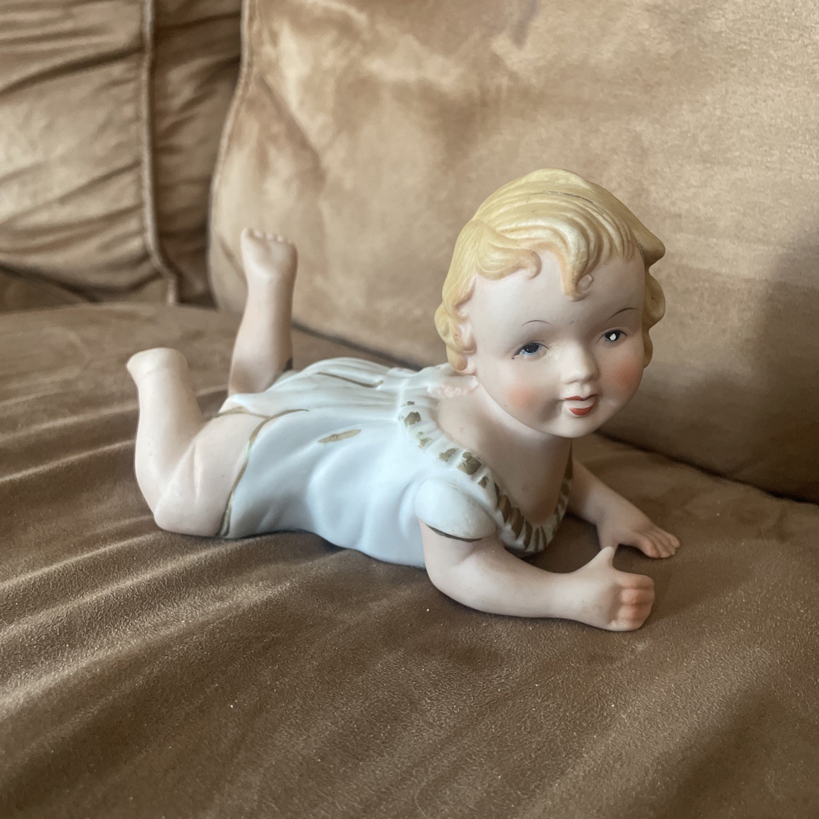 Vintage Piano Baby Figurine Hand Painted LEGO Sweet Bisque Porcelain 6″ Taiwan