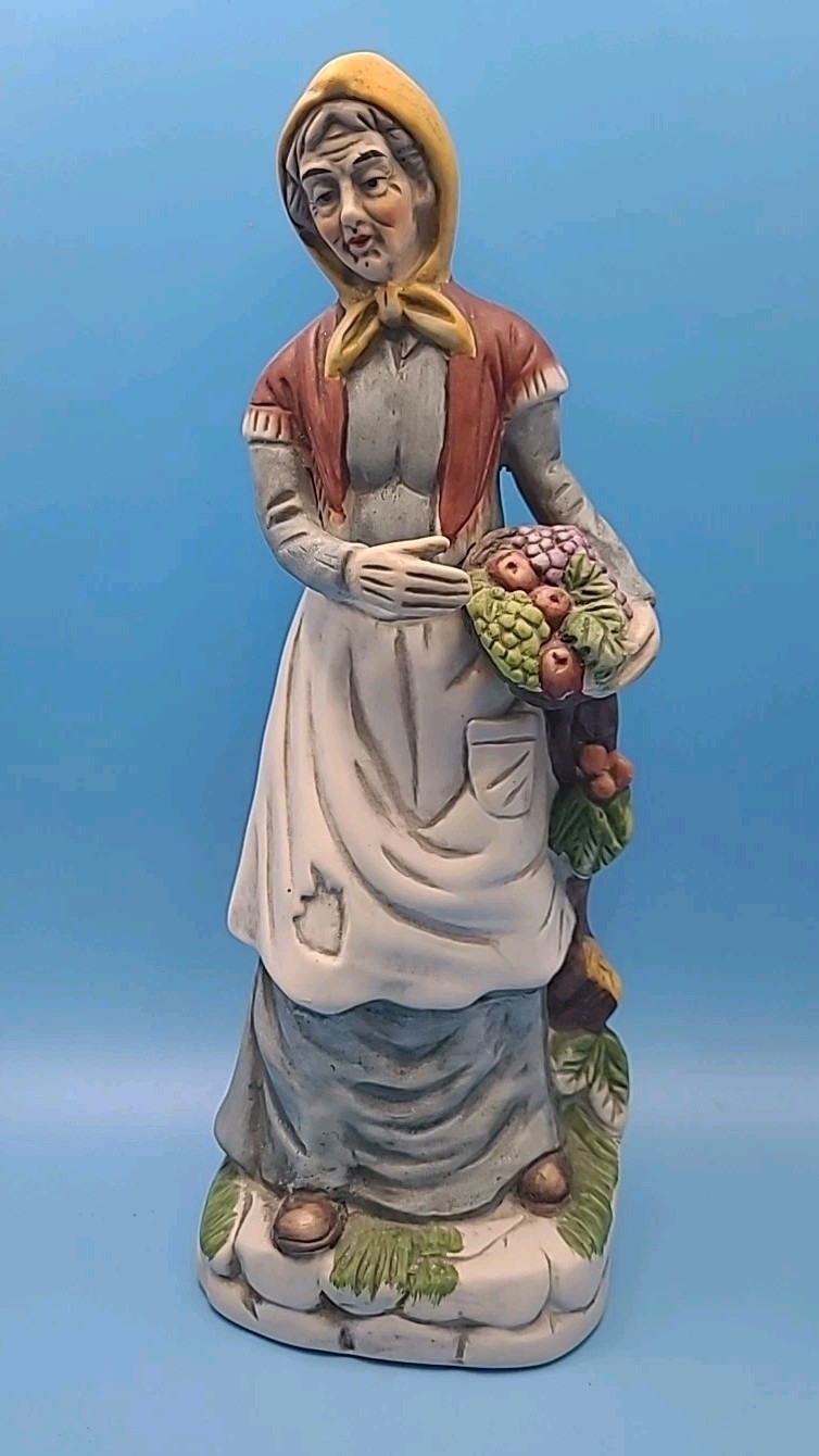 Napcoware Old Lady Holding Fruit Basket Bisque Porcelain 10.5″ Tall
