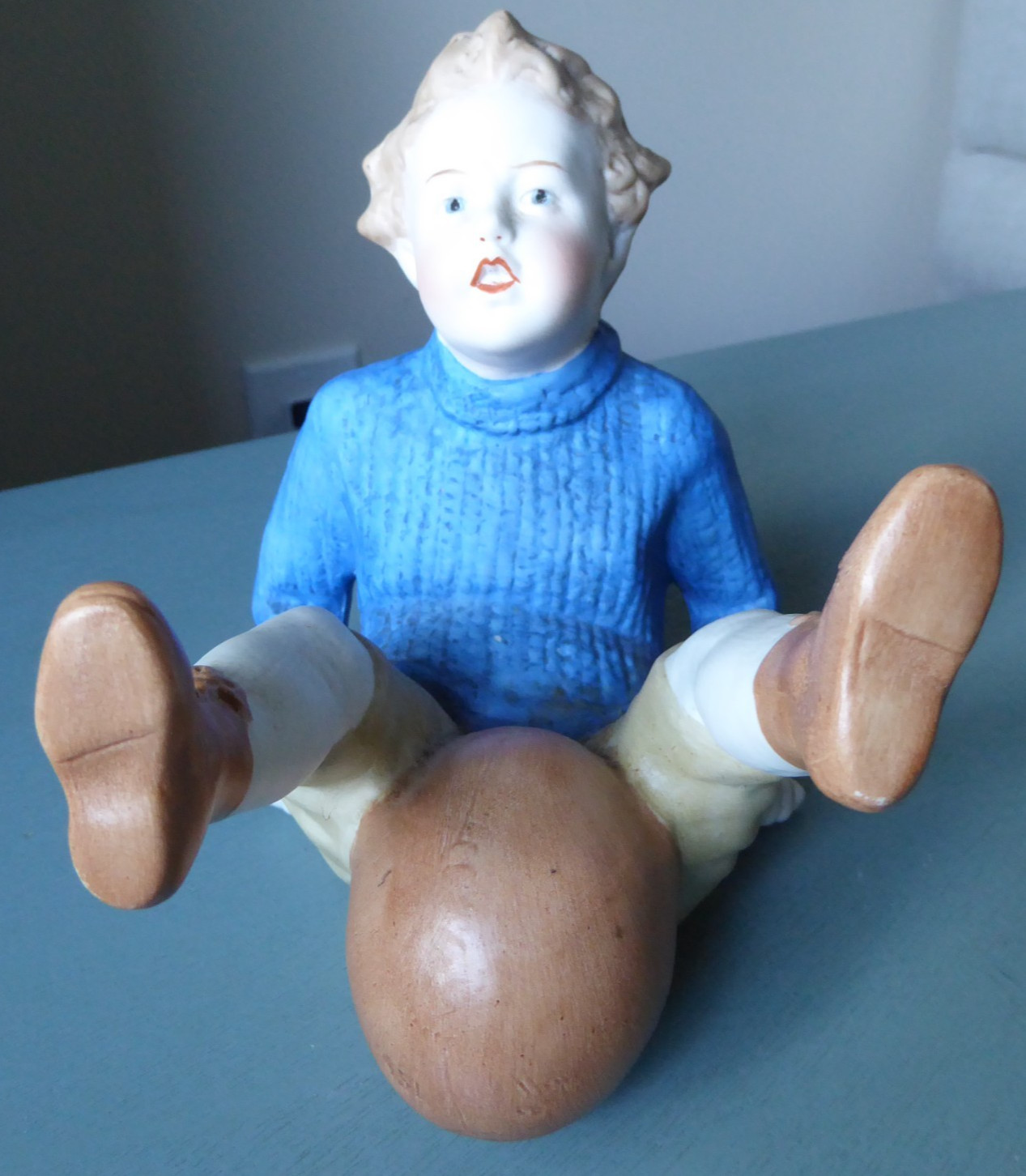 Antique Heubach Mold 951 Erphila German Bisque Piano Boy Figurine Blue Sweater