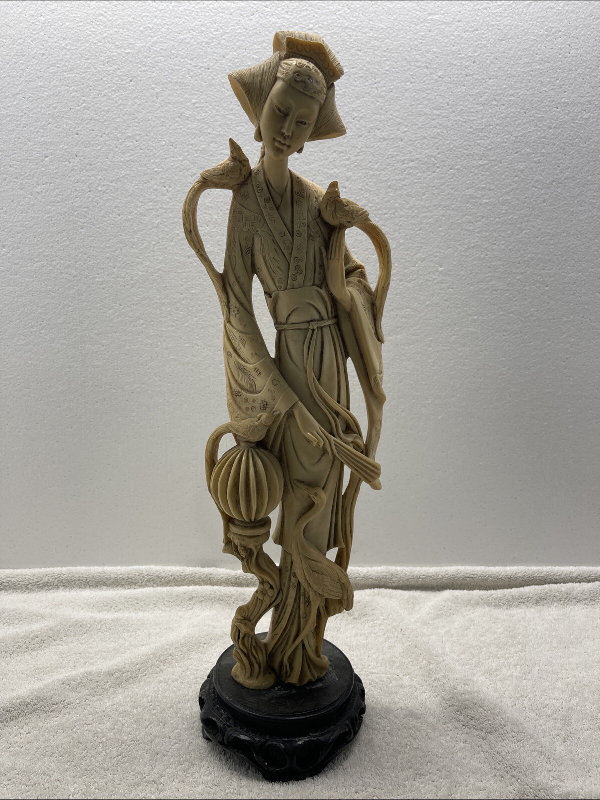 Vtg Oriental Figurine Statue Asian Woman with Birds 20” Carved Resin Signed