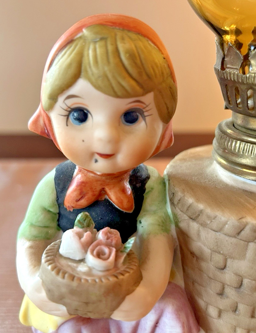 Vintage Bisque Porcelain Peasant Girl w/ Decorated Cake Oil Lamp Figurine Taiwan