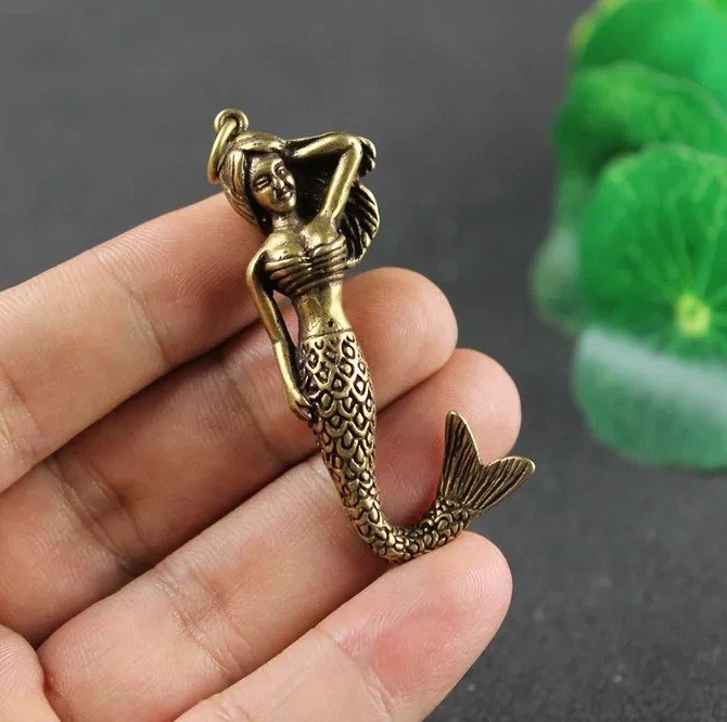 Brass Mermaid Key Chain Animal Figurine Mini Statue Table Home Decoration Toy