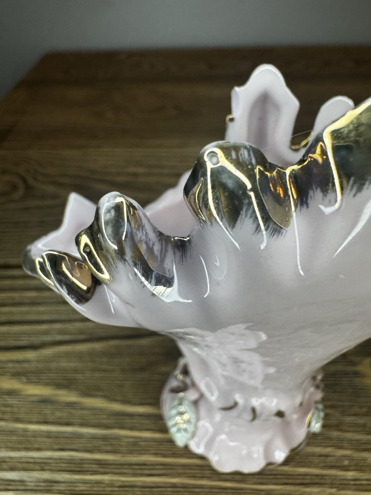 Vintage Porcelain Cherub Vase Ruffled Lustre Rim Silver Gold Angel Figurine