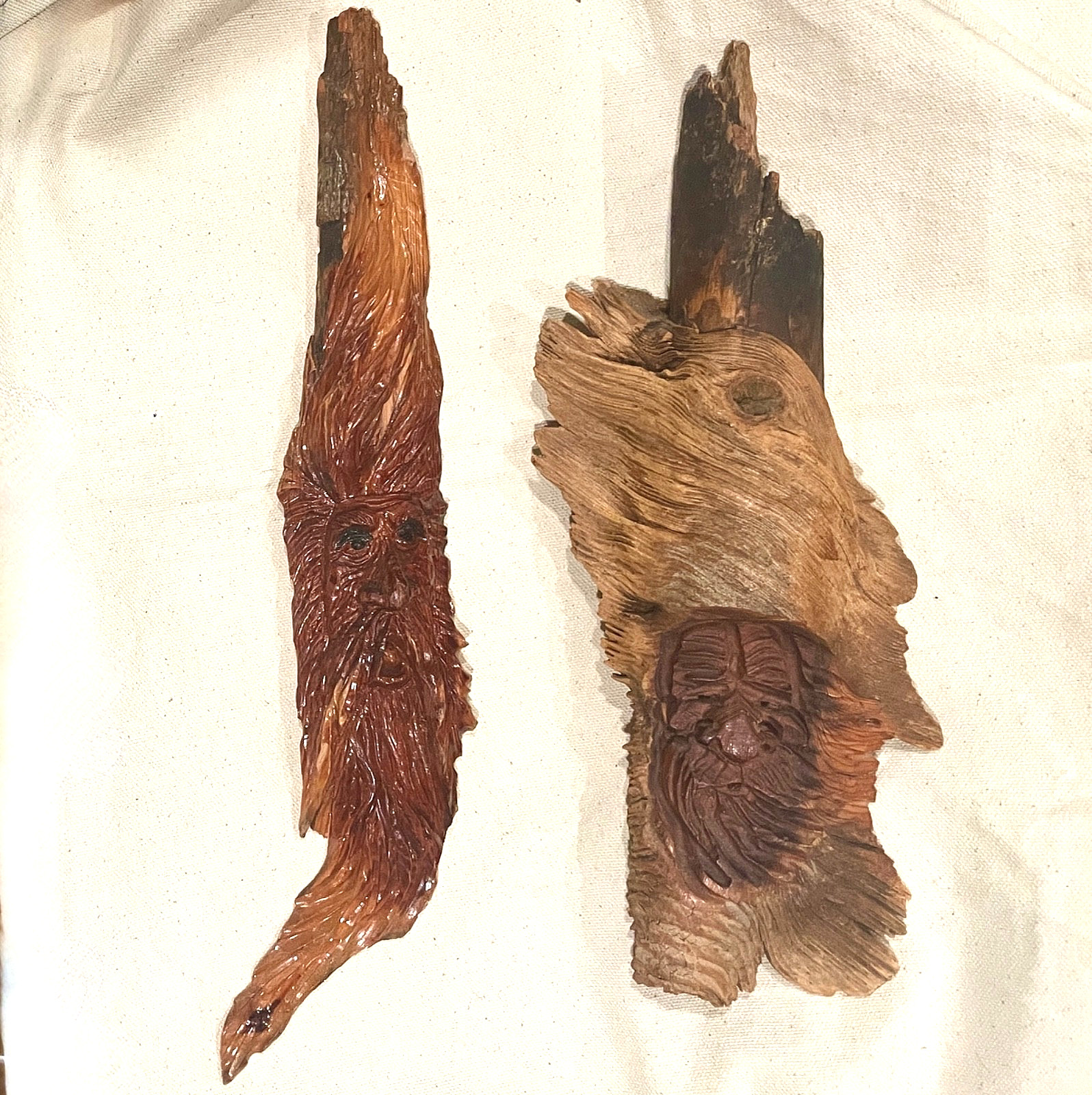 Lot of 2 SIGNED GENE WEBB & MIKE COBB JR. Wood Spirit Carvings Ozark Folk Art