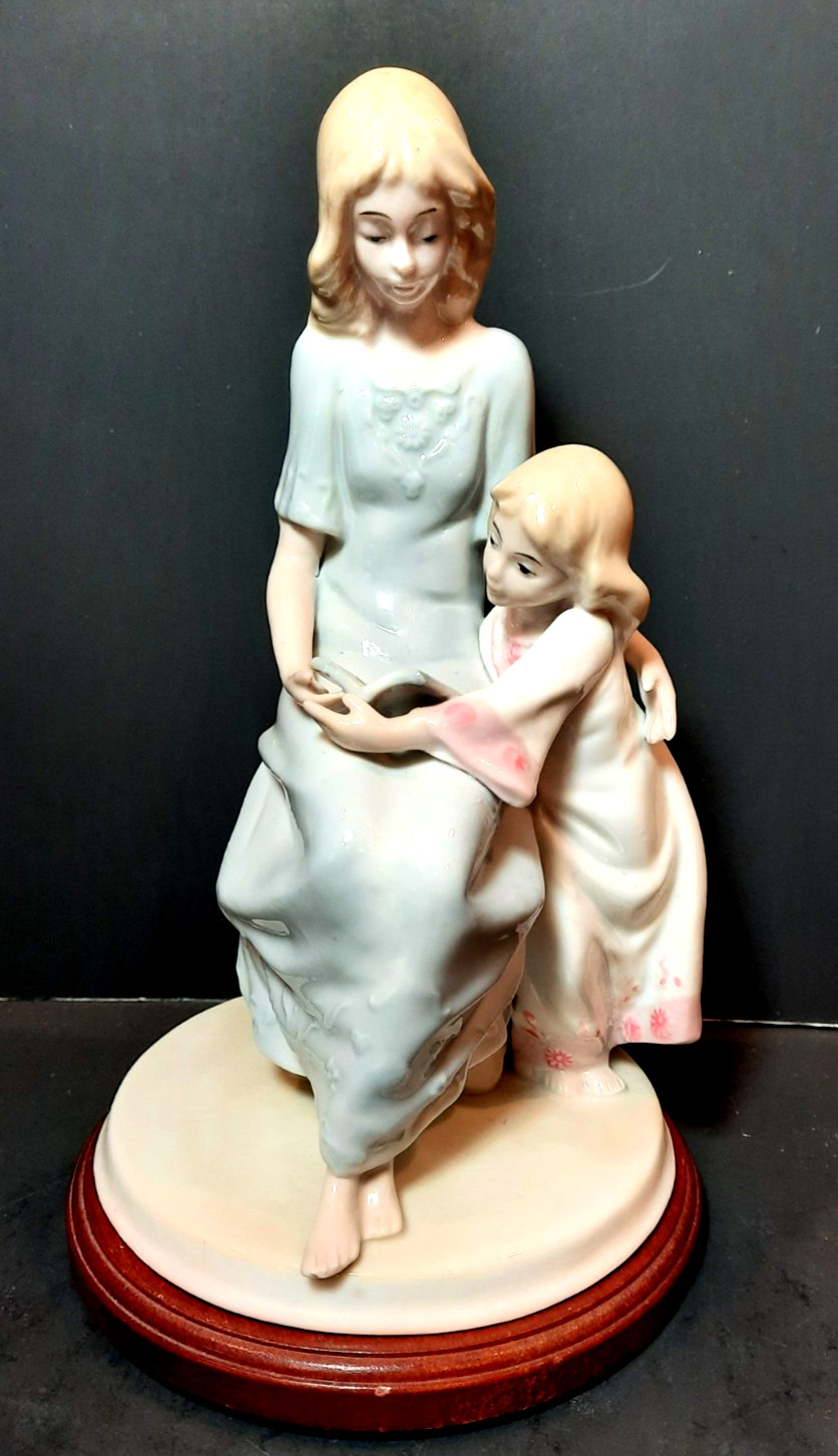 #304 Meico Figurine Mother Reading To Child 8.25” Tall Porcelain w/ wooden base