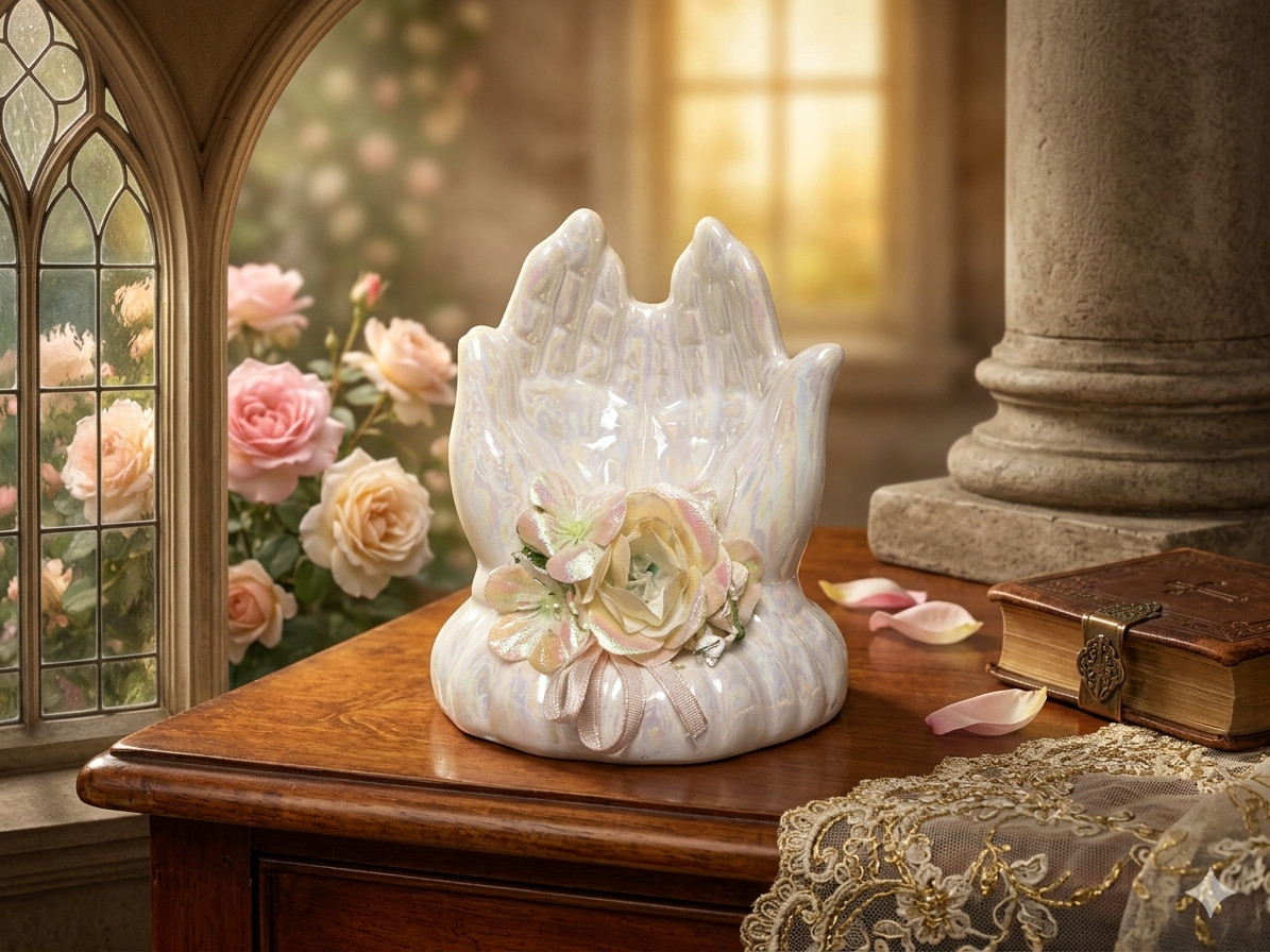 Praying Hands Iridescent Decorative Figurine Floral Accent