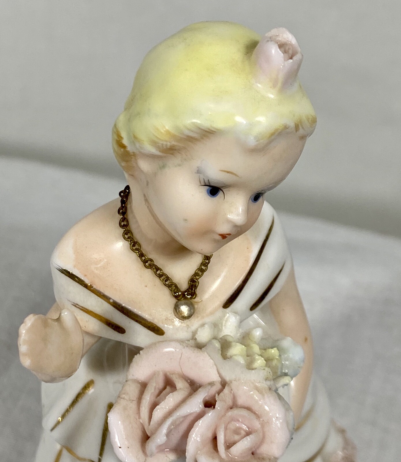 Vtg Napco Japan Flower Girl Figurine w Spaghetti Trim 5 1/2″ tall Excellent
