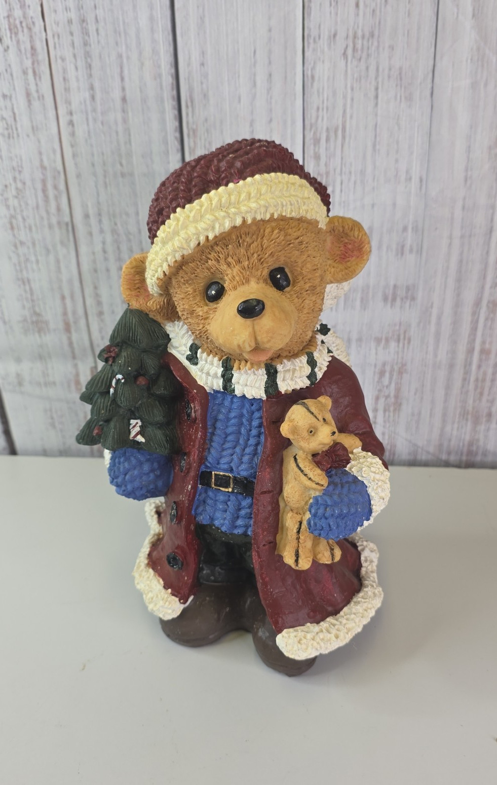Santa Bear Resin Figurine Multicolor 10in Tall Holding Christmas Tree Teddy Bear