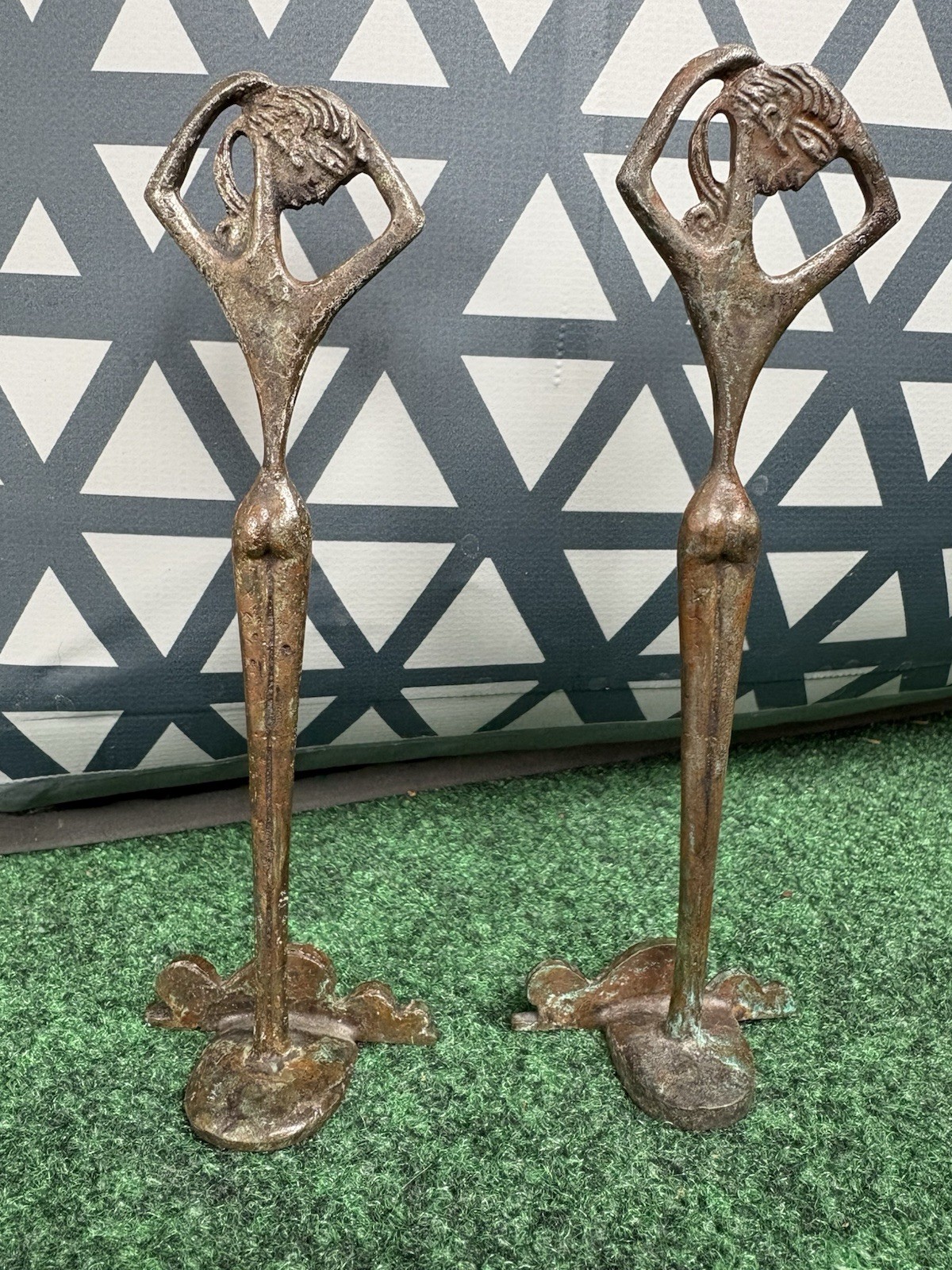 2 MCM stylized women sculptures VTG bronze women figurines patina 7” Tall