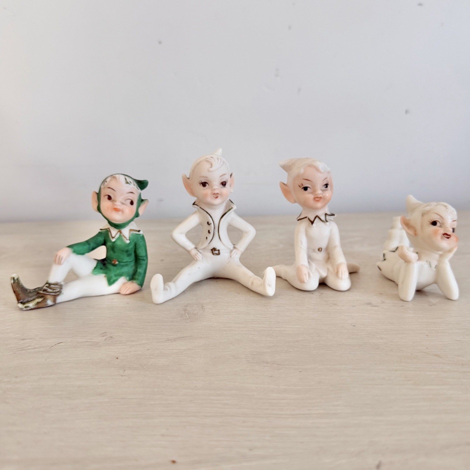 Vintage Kelvin’s Japan Pixie Elf’s Lot Of 4 White And Green 50s Kitschy MCM