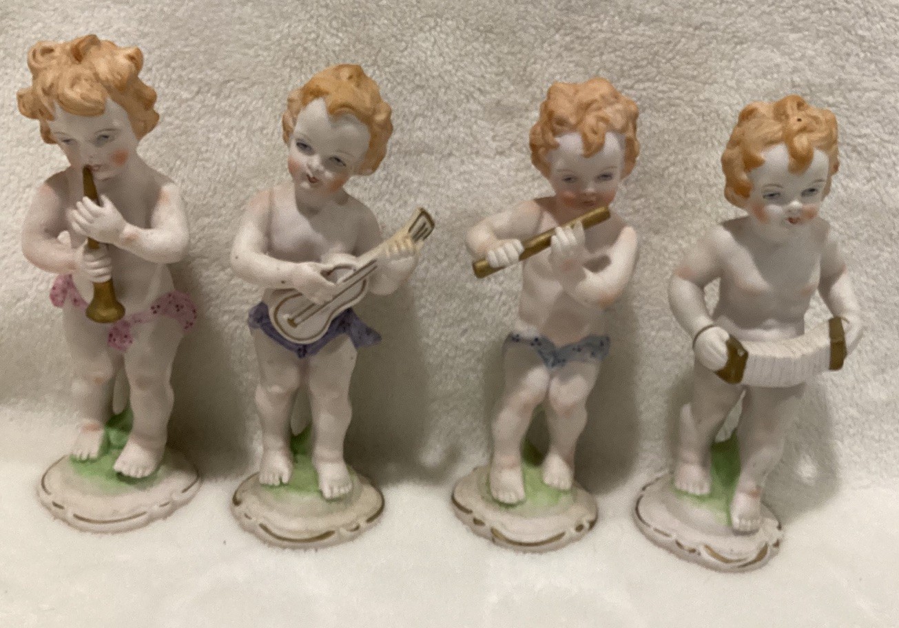 VTG 4 Cherubs Boys/Girls Playing Musical Instrument Bisque Finish 6” Japan