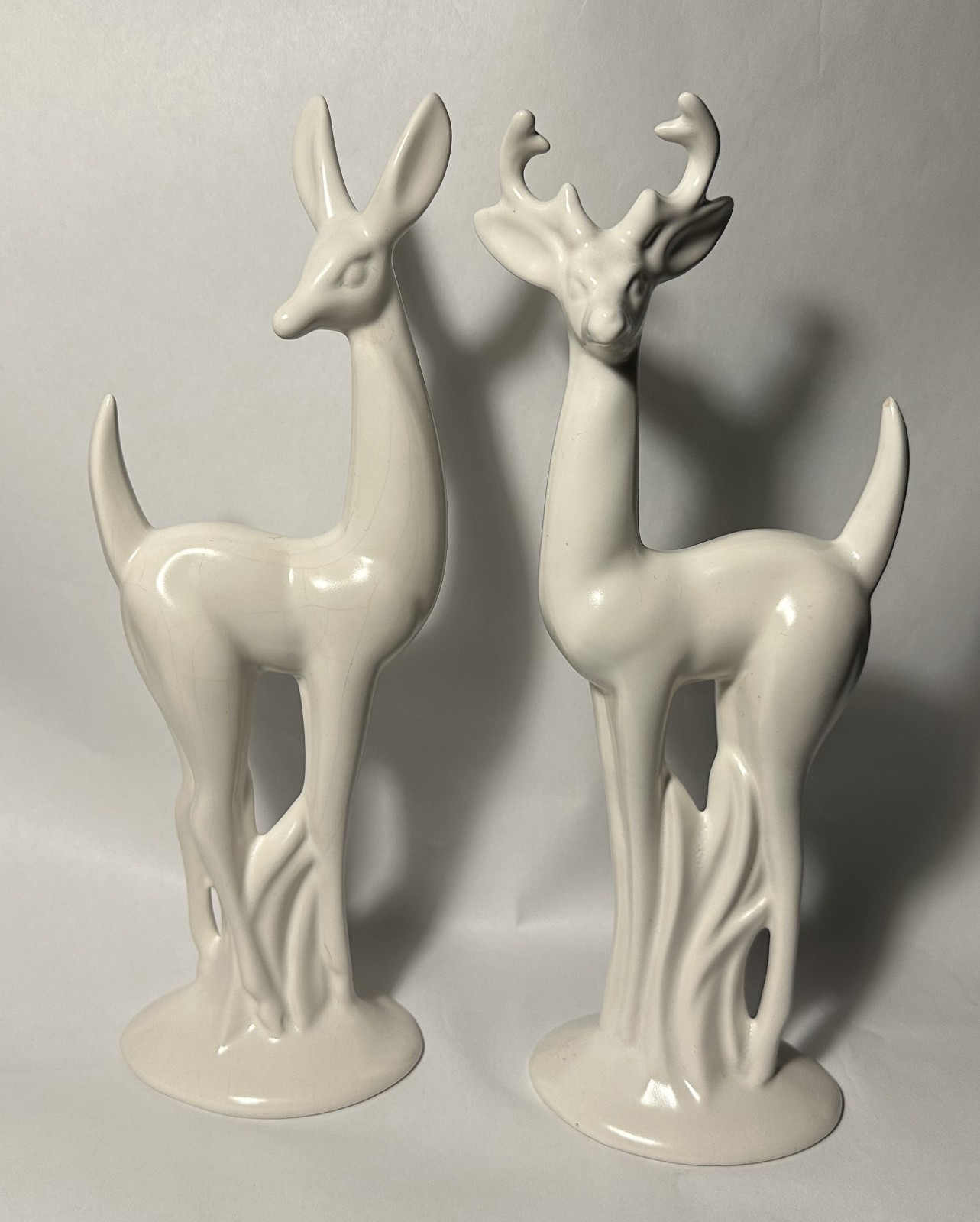 art deco MATTE WHITE DEER FIGURINES 12″
