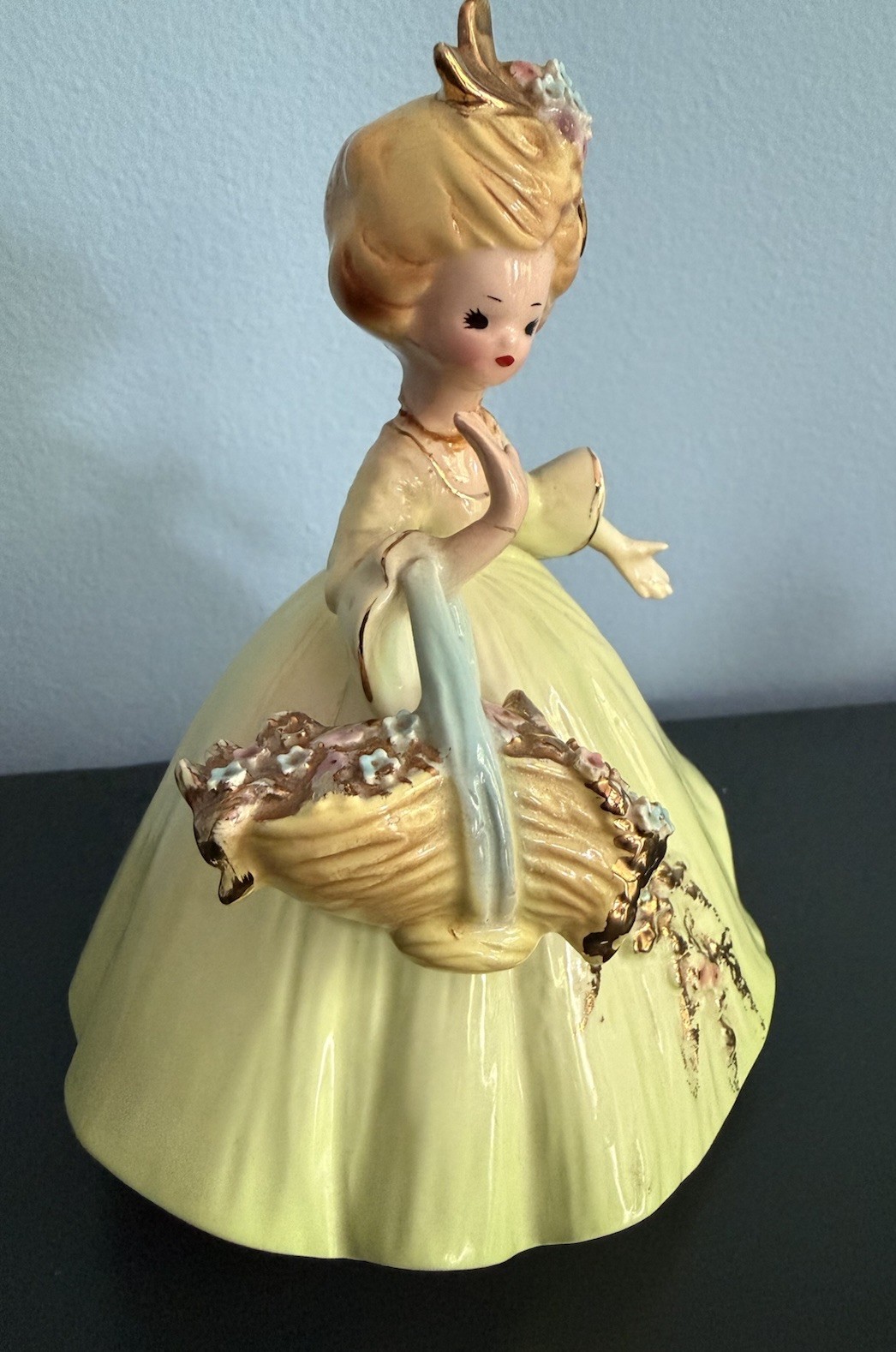 Josef Originals Four Seasons Series Green Dress 5 ¾” Figurine Flower Basket
