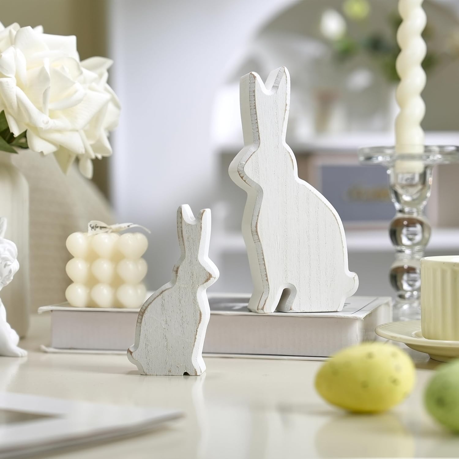 FESTGLOX Vintage Wooden Bunny Figurines Set of 2, Distressed White Easter Bunny