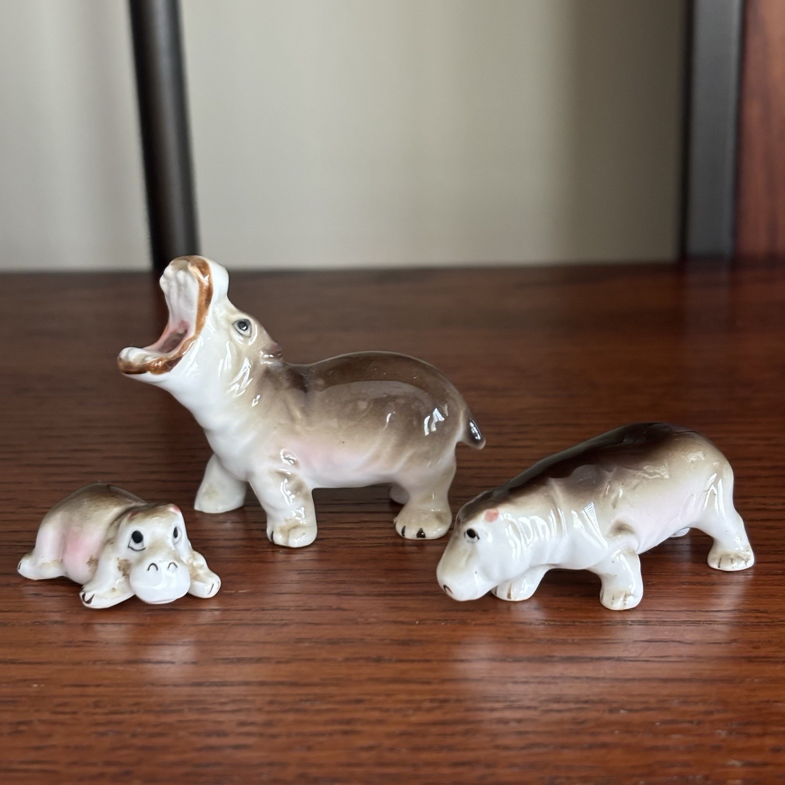 Hippopotamus 3 Piece Family Miniature Figurines Vintage Hippo Mom/Babies Ceramic