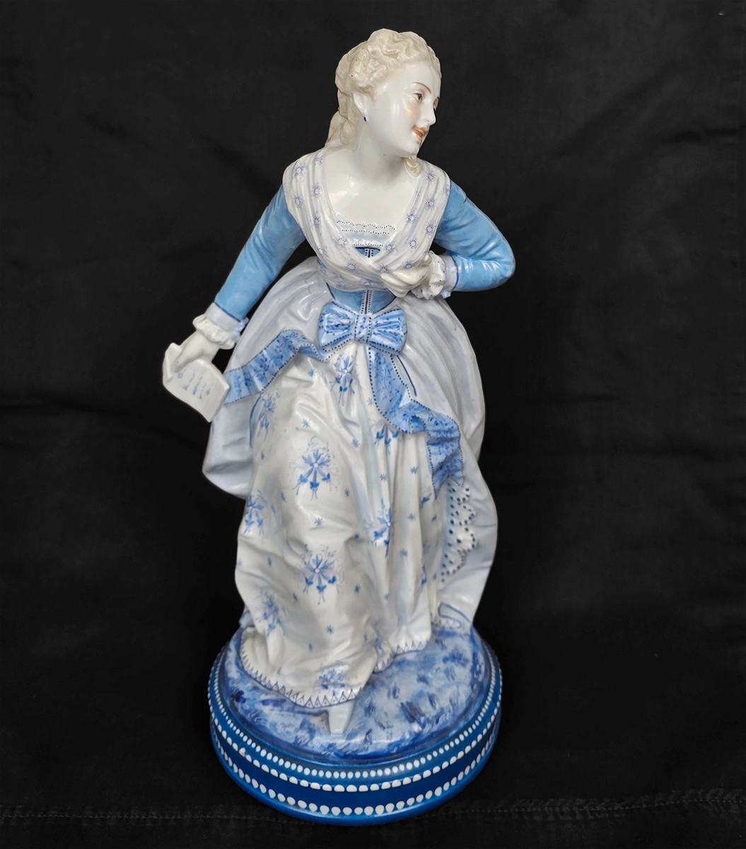 13.5″ Antique Porcelain Lady Receiving Love Letter Figurine, Germany c.1885–1910