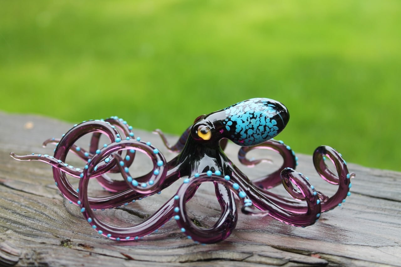 Purple Glass Octopus Sculpture Squid Kraken Cephalopod Blown Glass Octopus Glass