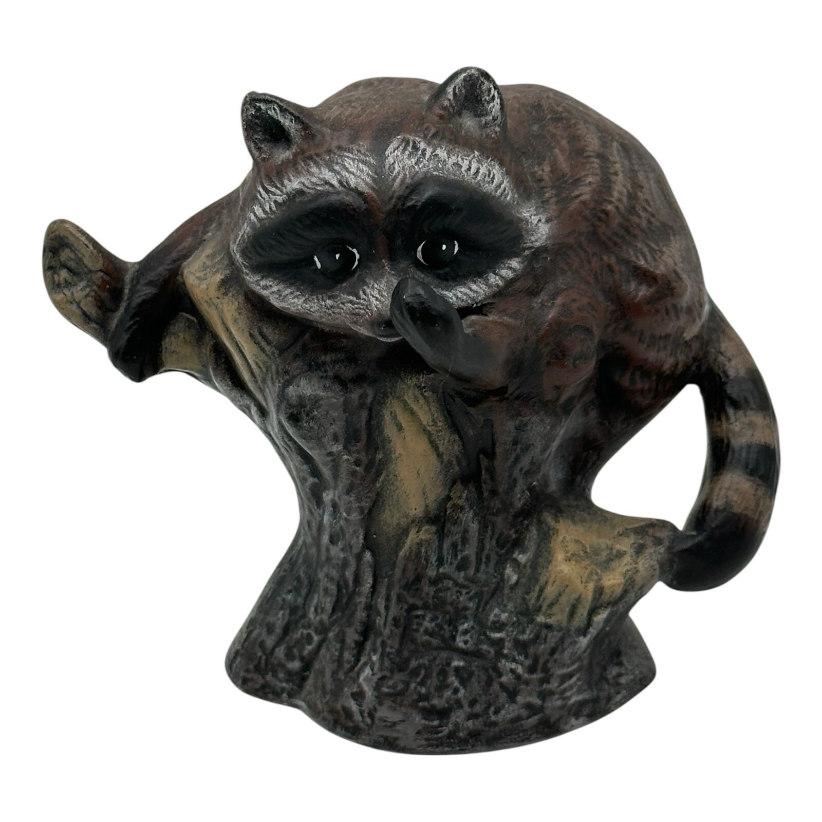 Vintage Hand Painted Raccoon On Tree Stump Ceramic Statue Figurine 4” Tall