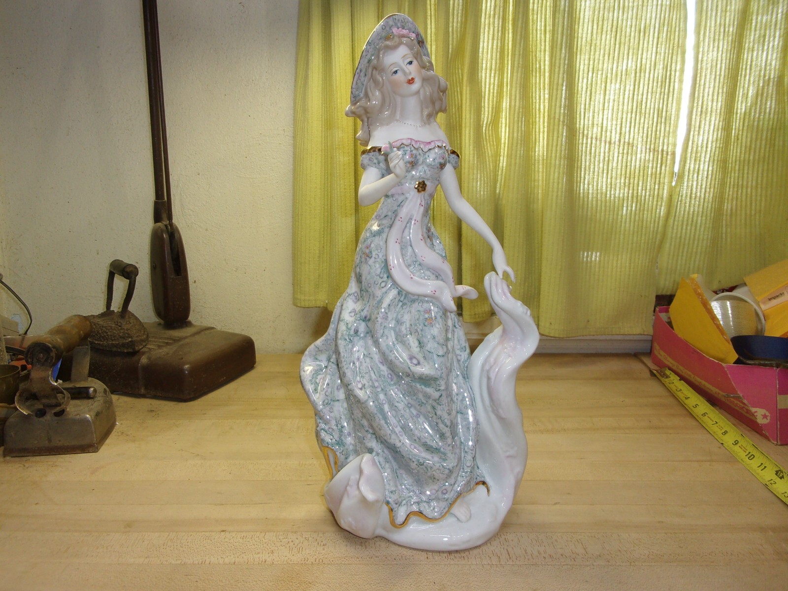 Porcelain Elegant Lady Figurine With Hat Long flowered Dress 16″ tall FREE SHIPP