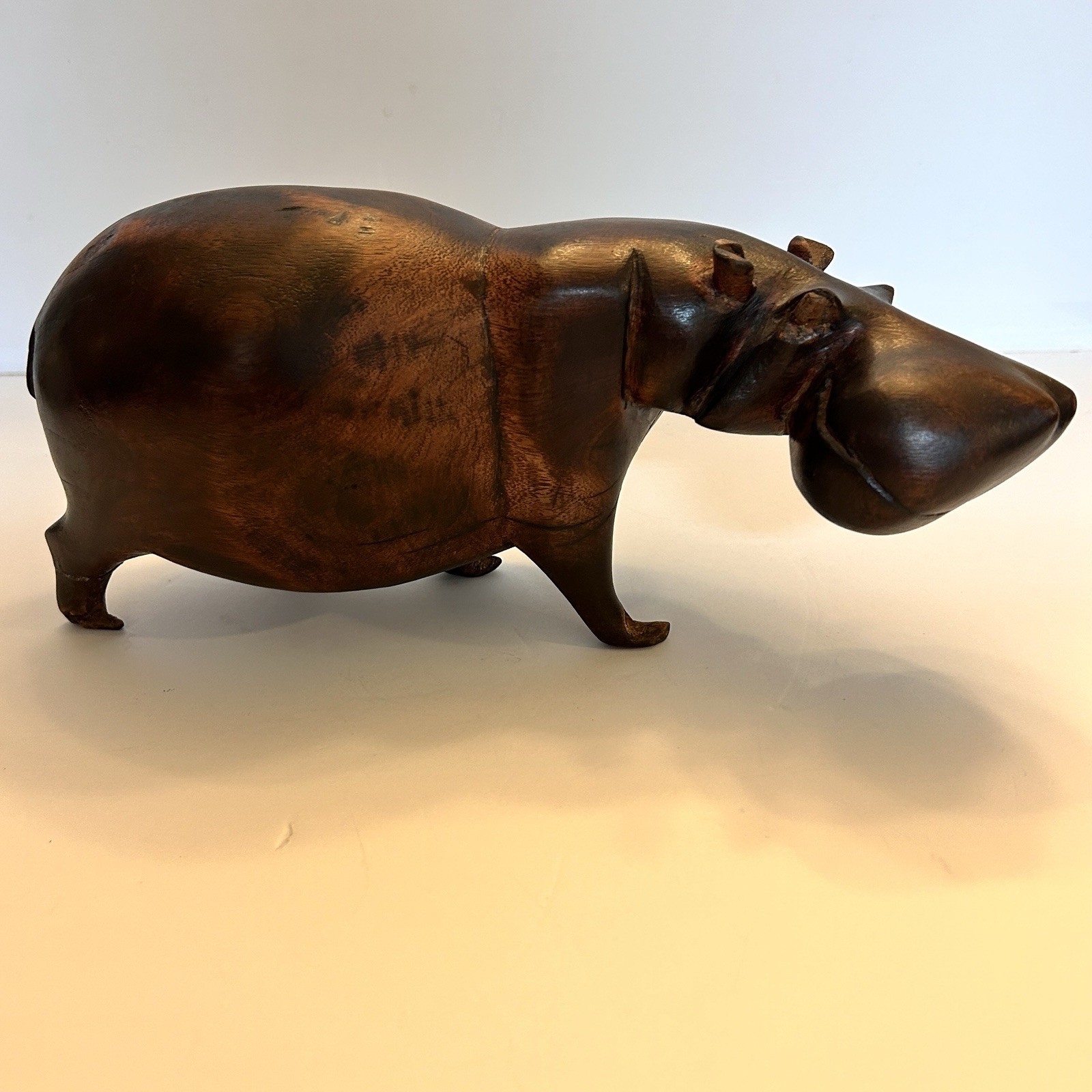 12” Vintage Hand Carved Hippopotamus Sculpture of Solid Wood READ