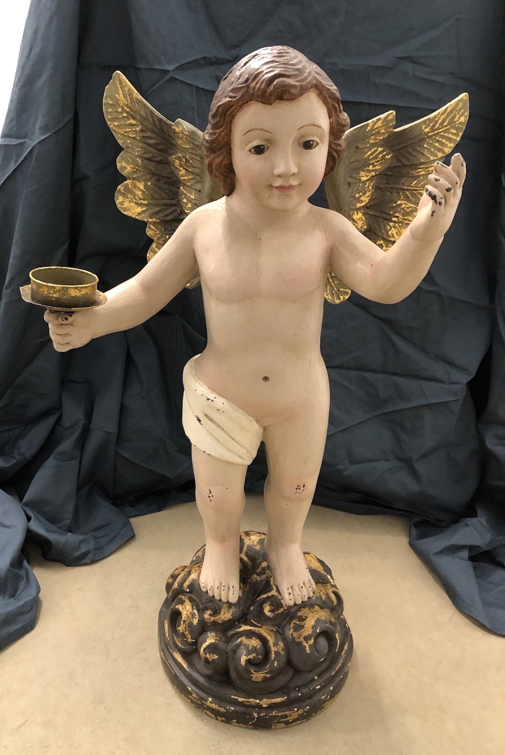 Large Vintage 28” Italian Cherub Putti Angel Composite Stands On Floral Base