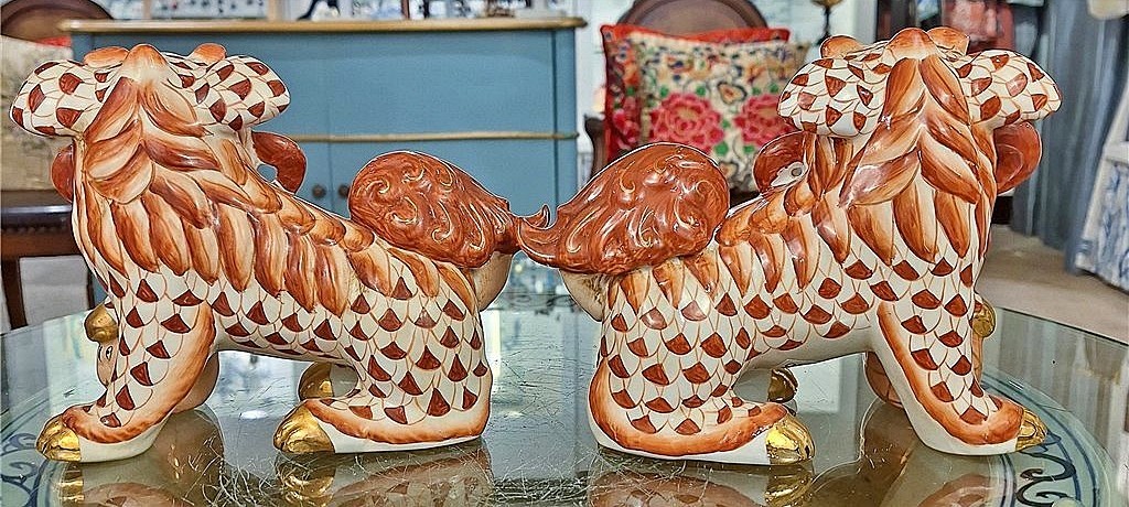 Pair Of Rust Red, White Porcelain Chinese Foo Dogs. Hand Painted (6.5″H, each)