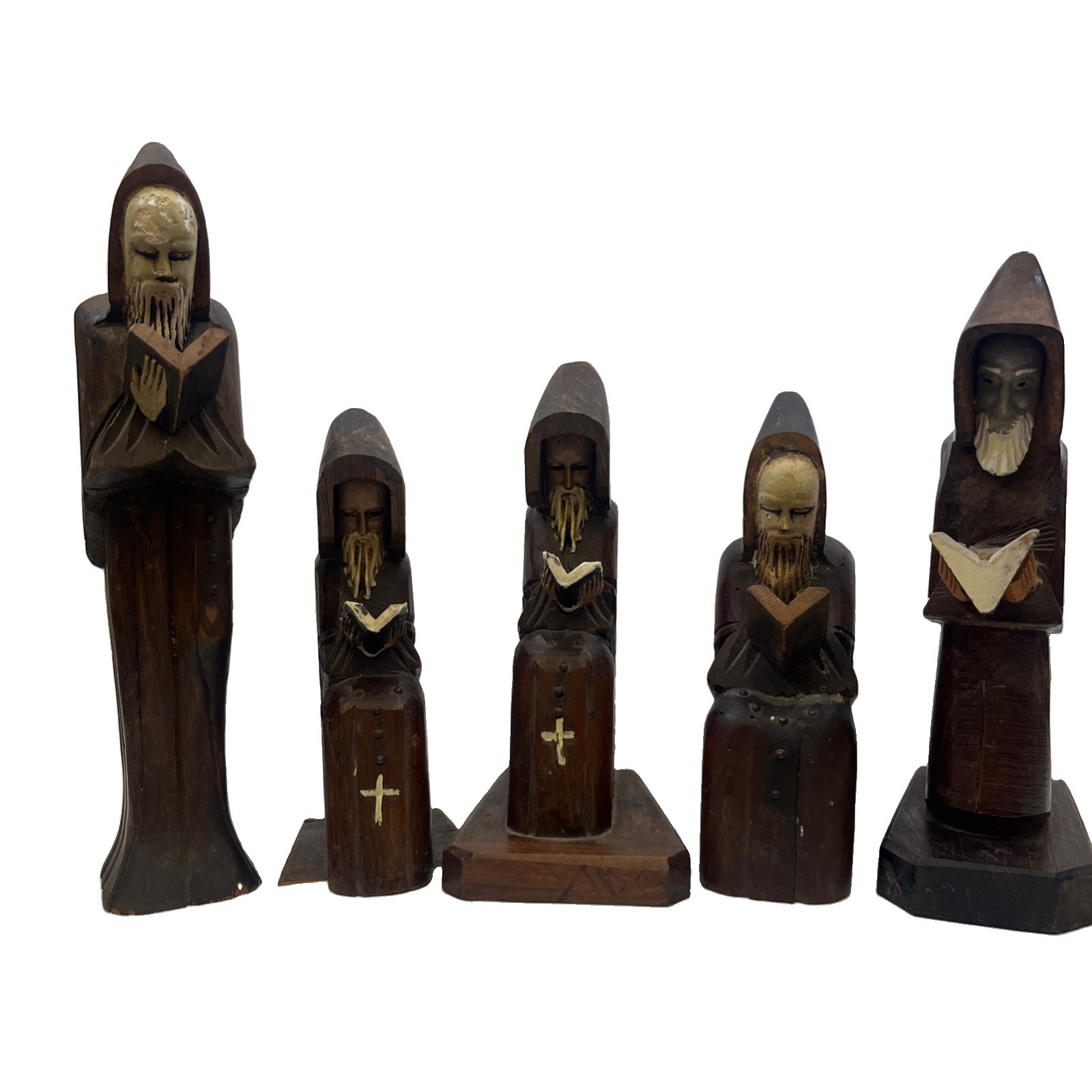 Lot Of 5 Vintage Pair of Hand Carved Monk Figures Dark Wood Decor-religious Art