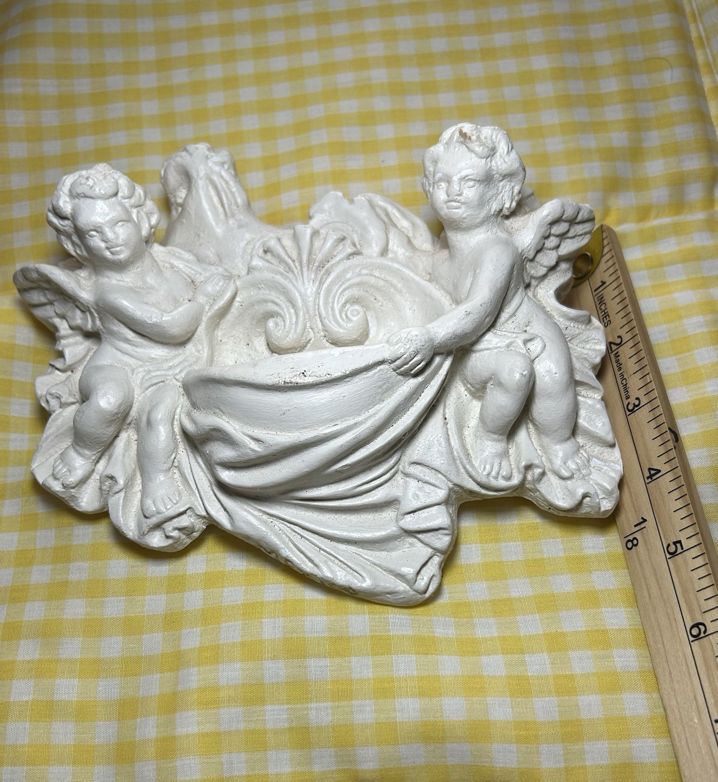 Wall Pocket Two Cherubs Hanging White Plaster Plaque Vintage Decor