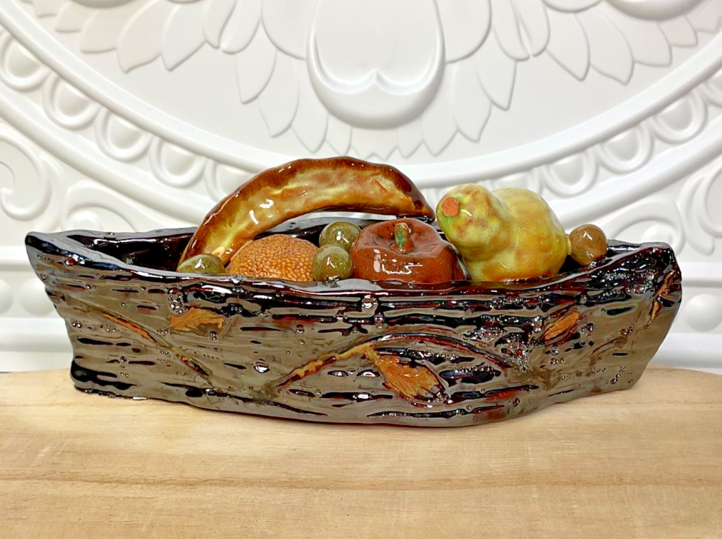 Antique Majolica Fruit Basket Log Trough Pear Banana Art Pottery c1900s