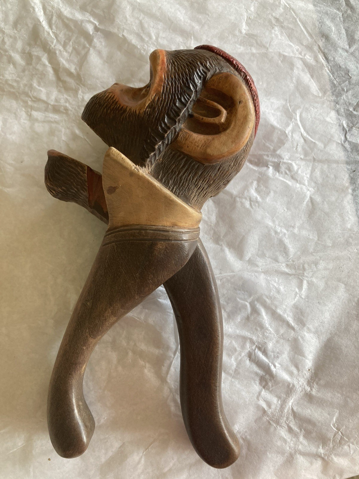 Vintage BLACK FOREST Swiss Carved Wood Ape With Collar & Glass Eyes NUTCRACKER