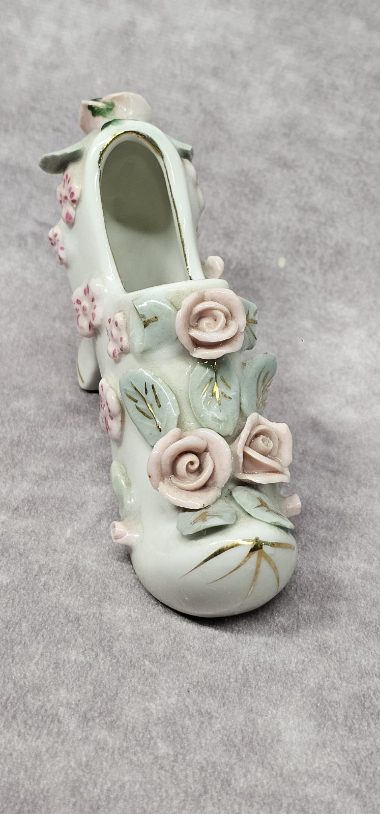 Vintage Miniature Porcelain Woman’s Shoe Pink Roses Flowers High Heel Japan