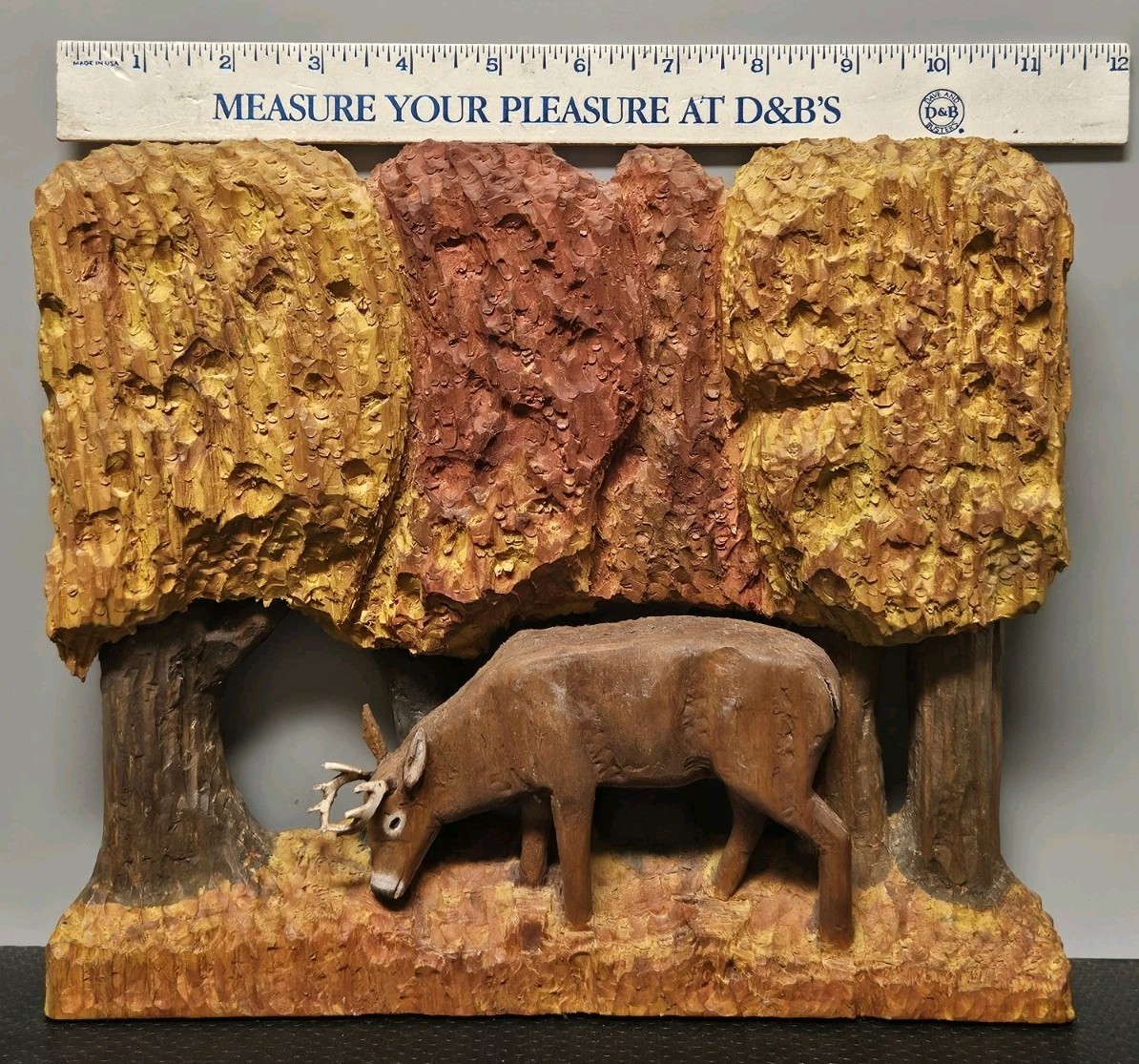 Carved Wood Deer In Autumn Forrest 9.5″ Tall Free Standing 3d Sculpture *Signed*