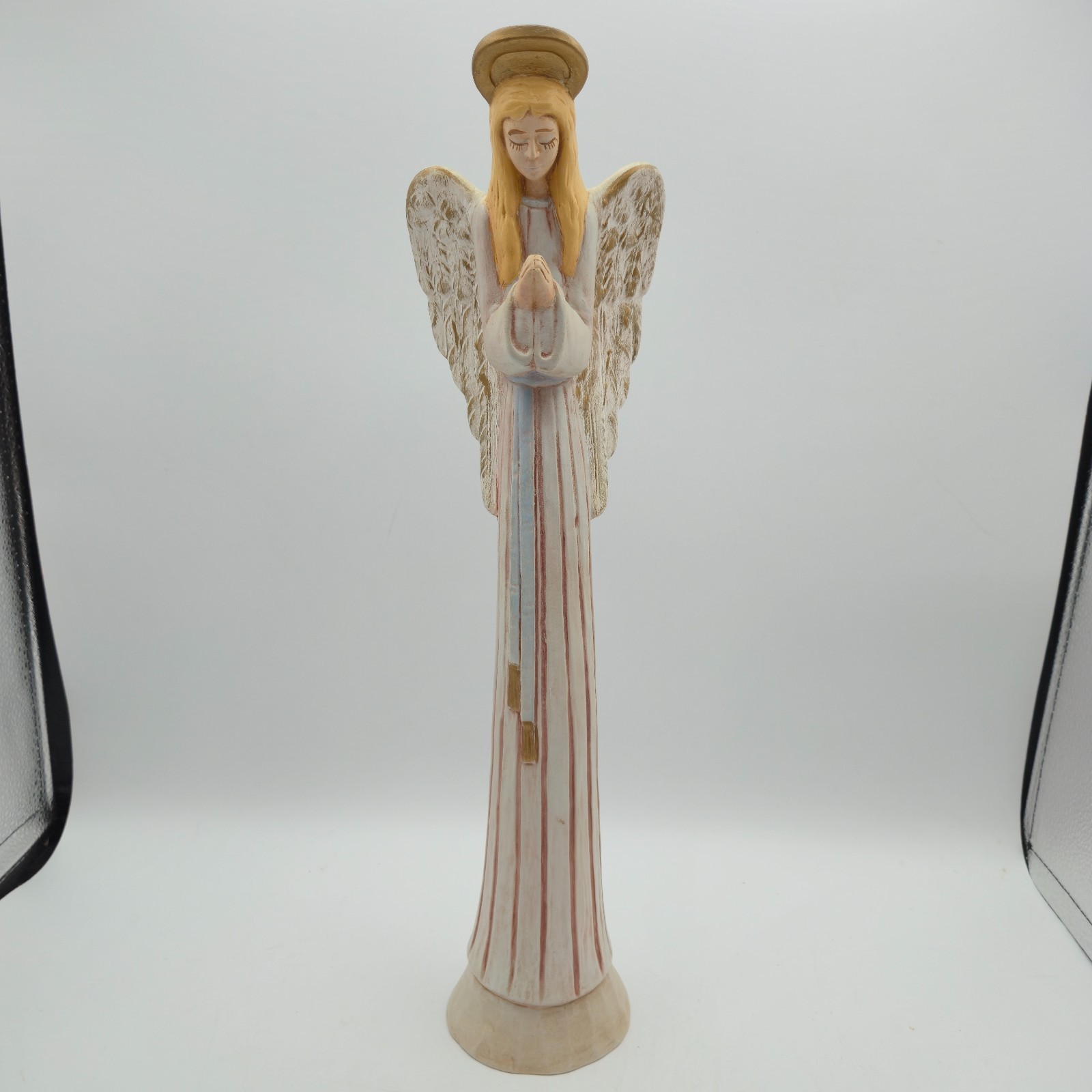 HANDMADE Signed Ceramic Angel Figurine 16in Tall Praying Angel Halo Dated 1995
