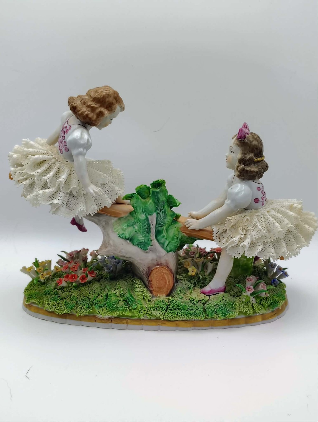 Antique 1850’s German Dresden Lace Sitzendorf Porcelain Girls on Seesaw Figurine