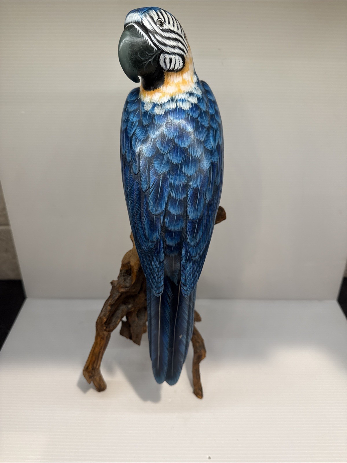 Vintage Hand Carved & Painted Wooden Blue White Orange Mccaw On A Branch